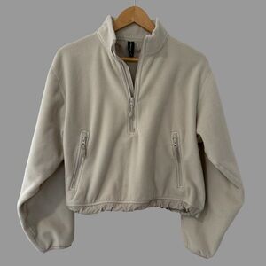 TnAction Off White Fleece Long Sleeve Half-Zip Cropped Sweater M
